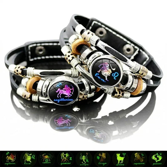 🌌✨ Pulsera Zodiacal que Brilla en la Oscuridad – 12 Signos, Cuero Premium y Estilo Único para Hombre y Mujer 💫💕