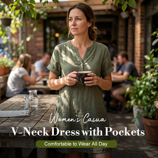 🥳OFERTA ESPECIAL 2026🥳Vestido túnica de mujer con cuello en V: corte holgado, bolsillos y tejido transpirable
