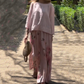 🌸Especiales de primavera🌸Blusa Sólido y Pantalones Anchos con Flores (Conjunto de 2 Piezas)