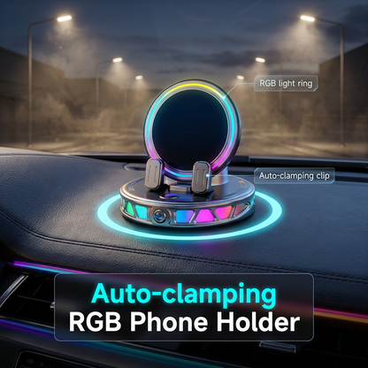 📱Soporte RGB para móvil en el coche – sujeción automática y carga inalámbrica. Manejo seguro con una sola mano! 🚗✨