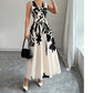 Vestido largo de mujer con estampado floral, cuello en V y cintura retorcida