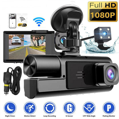 🚗🎥 Dash Cam con 3 cámaras en HD 1080p: frontal, interior y trasera con cámara de marcha atrás 🔥