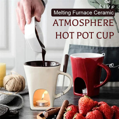 🍫 50% dto. Taza de fondue de chocolate de cerámica con portavelas integrado – mantiene el chocolate a la temperatura ideal. ¡Incluye tenedor de metal y 200 ml! ✨🔥