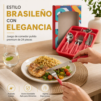 Juego de Cubiertos de Acero Inoxidable de 24 Piezas con Mangos Ergonómicos a Juego