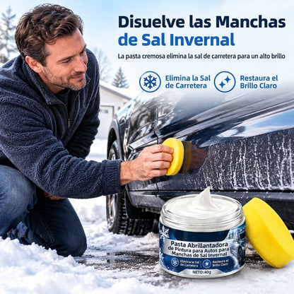 Pasta Limpiadora y Abrillantadora para Coche de Invierno de 40 g con Esponja para Eliminar Manchas de Sal, Residuos de Derretimiento de Nieve y Manchas de Agua