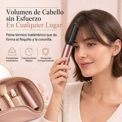 Cepillo Alisador de Pelo Inalámbrico Mini con Calor, Peine de Peluquería Portátil Recargable para Flequillo y Dar Volumen