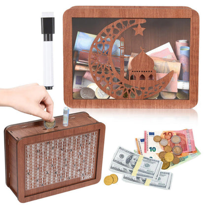 Hucha de madera con bolígrafo marcador