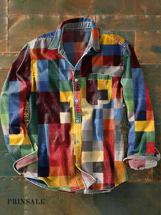 Unisex Simple Rainbow Color Plaid Vintage Impreso Solapa Manga Larga Bolsillo Camisa